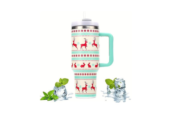 40oz Stainless Steel Christmas Pattern Water Bottle Thermal Mug Travel Tumbler Christmas Gifts Green