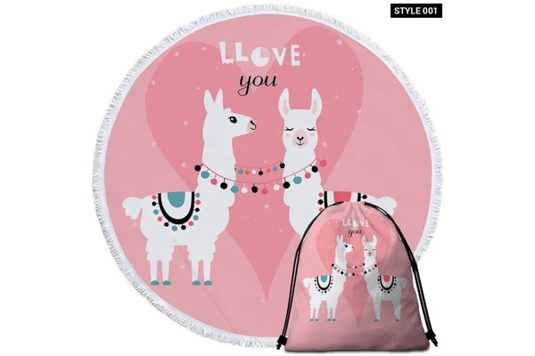 Cute Cartoon Llama Round Beach Towel For Couple