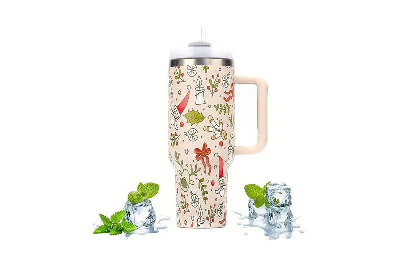 40oz Stainless Steel Christmas Pattern Water Bottle Thermal Mug Travel Tumbler Christmas Gifts Beige