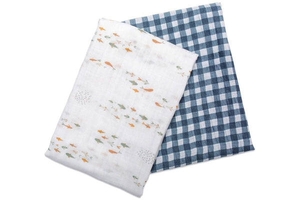 Lulujo: Cotton Swaddles - Fish & Navy Gingham (2 Pack)