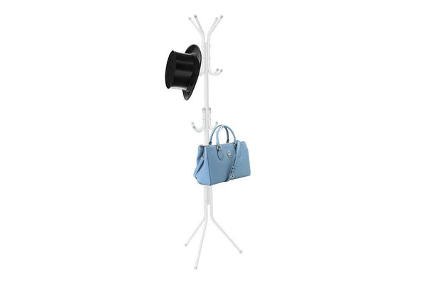 3-Tier Hat Coat Clothes Rack Multifunctional 12-Hook Tree Style Steel Hanger Stand White