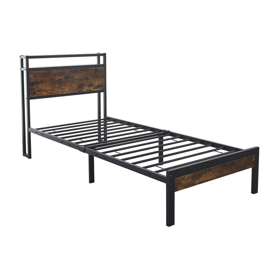 Fraser Country Single Metal Bed Frame with Wooden Rustic Brown Headboard & Footboard - Black