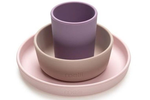 Melii: 3 Piece Silicone Feeding Set - Pink + Purple + Grey