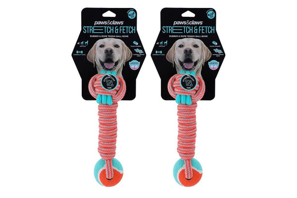 2x Paws & Claws 25cm Stretch & Fetch TPR Braided Rope Bone w Tennis Ball Dog Toy