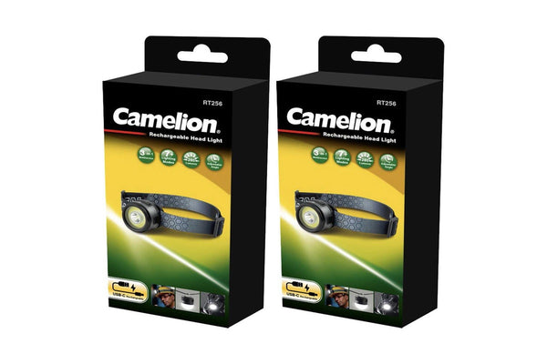 2x Camelion USB-C Rechargeable 7 Mode COB LED Adjustable Headlamp Torch 280LM