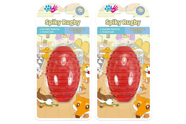 2x Paw Play 9.5cm Rubber Spiky Rugby Ball Pet Dog Cat Chew Play Toy Small Red