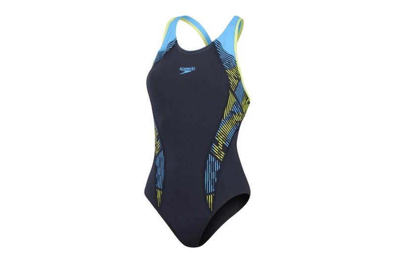 Speedo Womens/Ladies Placement Laneback One Piece Swimsuit (Navy/Yellow) (12 UK)