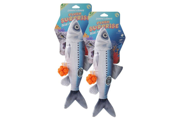 2x Paws & Claws Plush Fish Surprise Pet Interactive Play Toy 30cm w Catnip Blue