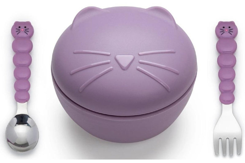 Melii: Silicone Animal Bowl with Lid & Utensils - Cat