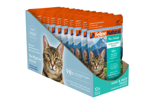 Feline Natural: Pouches, Hoki & Beef Feast 85g (12 Pack)