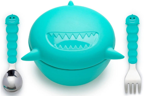 Melii: Silicone Animal Bowl with Lid & Utensils - Shark