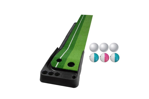 Golf Putting Mat Push Rod Trainer 2.5M With Three Soft Balls & Three Bicolor Balls & Auto Ball Return Fairway Green