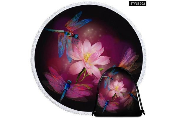 3d Lotus Floral Dragonfly Round Beach Towel