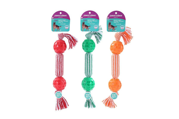 3x Paws & Claws 38cm Dental Tugger Dog Pet Toy TPR Body + Braided Rope Assorted