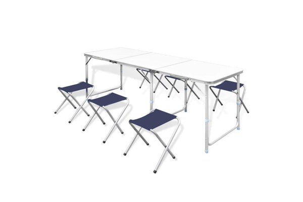 Foldable Camping Table Set With 6 Stools Height Adjustable 180 x 60 Cm Aotxk