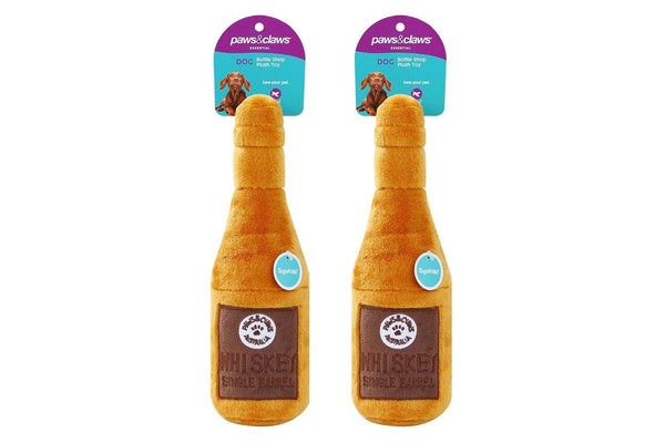 2x Paws & Claws Pet Dog 31x10cm Whiskey Bottle Shop Plush w Squeaker Toy Brown