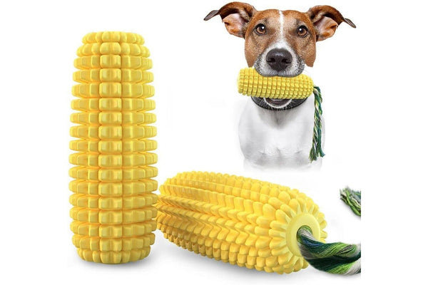 Dog Corn Toothbrush Teeth Cleaner Squeak Chew Toy with Rope in Yellow