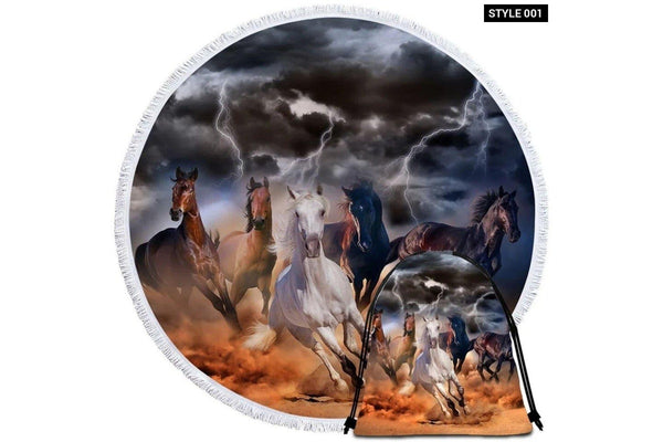 3d Dusty Lightning Horses Round Beach Towel For Adults