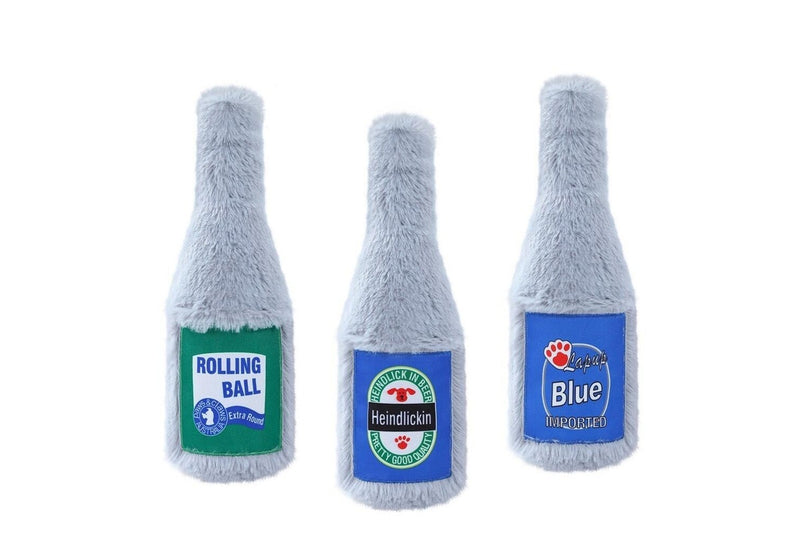 3x Paws & Claws 22cm Furry Beer Bottle Plush Pet Dog Chew Toy w Squeaker Assort