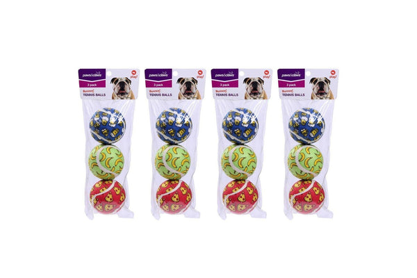 12x Paws & Claws 6cm Tennis Balls Printed Dog Toy Interactive Fun Toys Play Asst