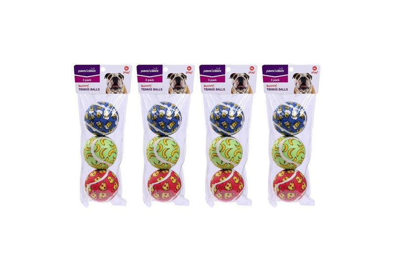 12x Paws & Claws 6cm Tennis Balls Printed Dog Toy Interactive Fun Toys Play Asst