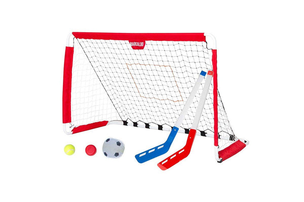 Barcaloo Hybrid Portable Kids Toy Soccer Goal Set w Hockey Sticks Balls 3y+