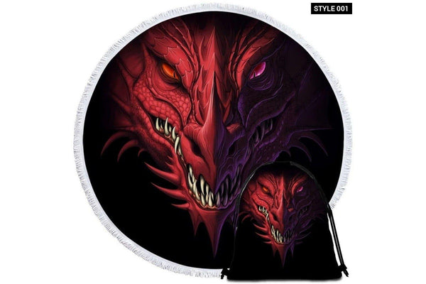 3d Red Head Of Angry Dragon Round Beach Towel