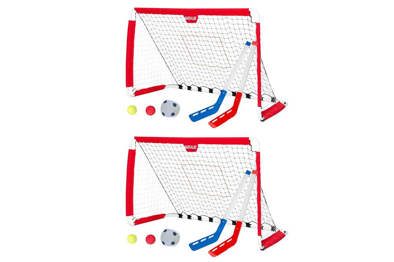 2x Barcaloo Hybrid Portable Kids Toy Soccer Goal Set w Hockey Sticks Balls 3y+