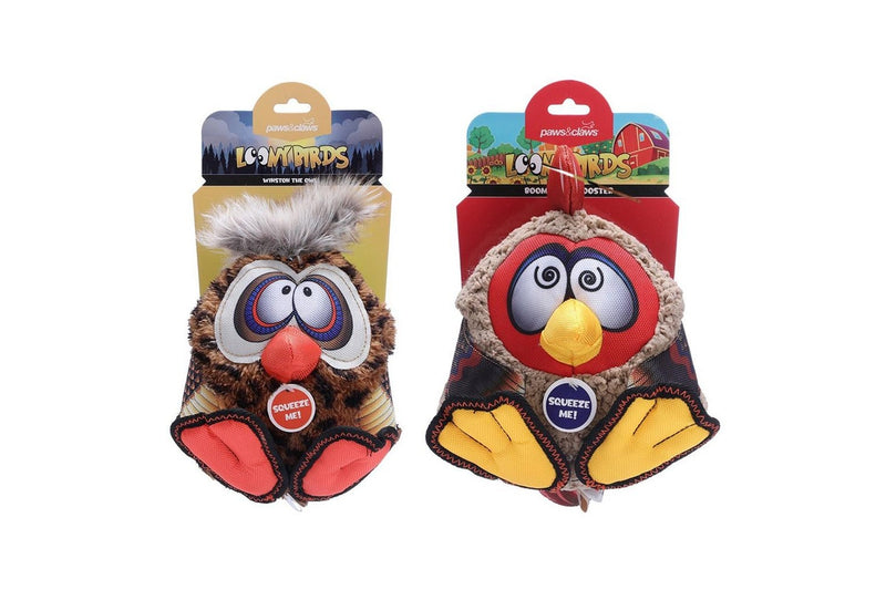 2x Paws & Claws Loony Birds Plush Soft Pet Dog Play Interactive Toy 17.5cm Asstd