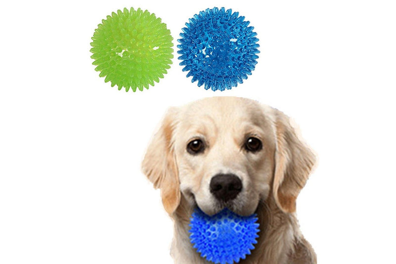 Set of 2 Pcs Pet Dog Squeaky Toys Spiky Dog Balls Cleaning Teeth Chewing Toys -Blue and Green