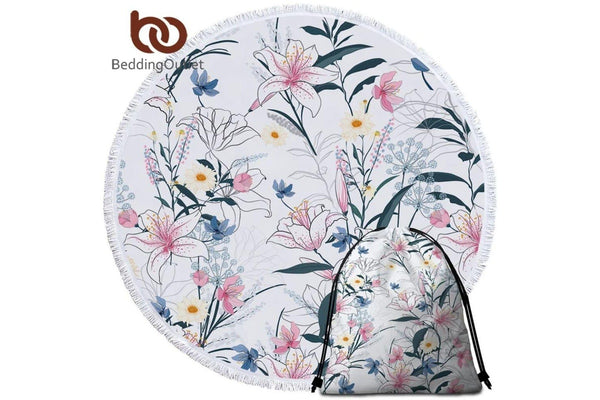 Elegant Blooming Flowers Round Beach Microfiber Towel