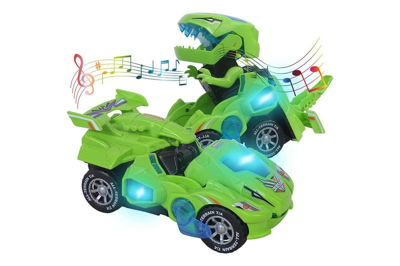 Vibe Geeks 2 In 1 Automatic Transforming Dinosaur Toy Car With Led Light And Music- Battery Operated