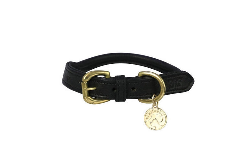 Benji & Flo Superior Leather Dog Collar (Black/Brass) (Medium- Length: 35cm-50cm)