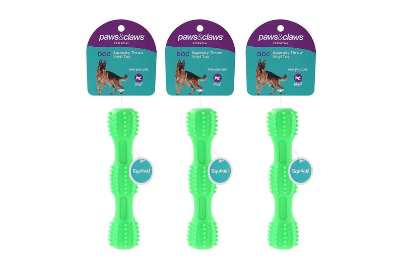 3x Paws & Claws Pet Dog 18x4.5cm TPR Squeaky Throw Stick Vinyl Rubber Toy Green