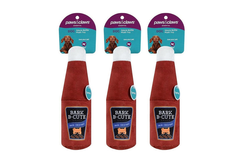 3x Paws & Claws Pet Dog 20x8cm Soft Plush Toy BBQ Sauce Bottle w Squeaker Red