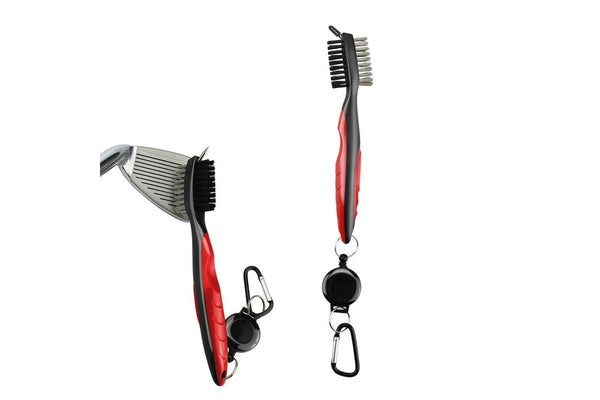 Double Sided Golf Cleaning Brush Club Brush and Groove Brush with Retractable Reel Red