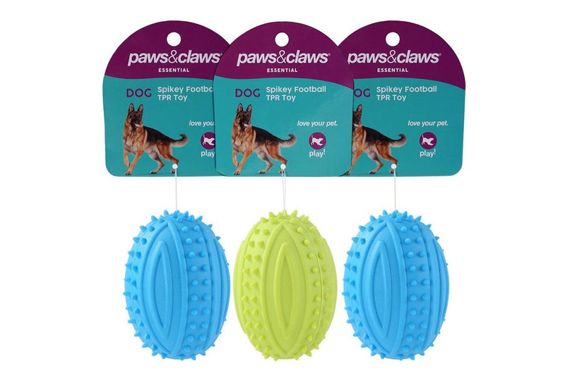 3x Paws & Claws 9.5cm TPR Spikey Football Pet Interactive Playing Chew Toy Asst