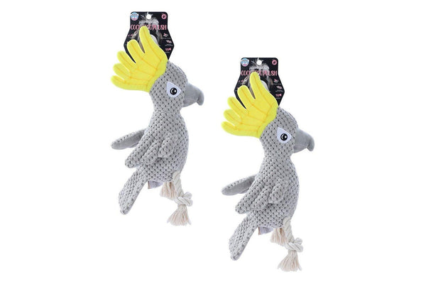 2x Paws & Claws 30cm Cockatoo Soft Plush Dog Chew Bite Toy w Rope Squeaker Grey