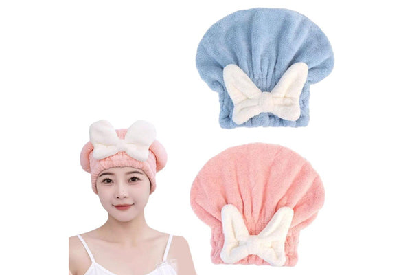 2Pcs Set Quick Absorbent Drying Hair Caps with Bow-Knot Hair Turban Wrap for Women Style 2