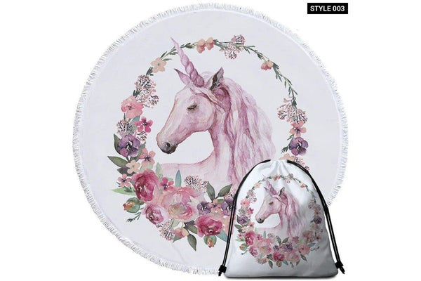 Floral Unicorn Round Beach Towel With Tassels For Adult