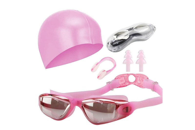 No Leaking Anti Fog Swimming Goggles Swimming Cap Set for Adult Youth Pink