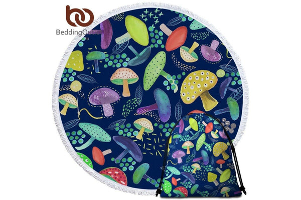 Colorful Mushrooms Round Beach Towel