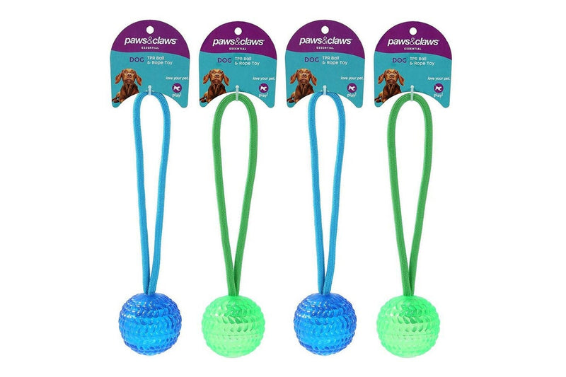 4x Paws & Claws 25cm TPR Rubber Ball & Rope Dog Pet Toy Play Interactive Game