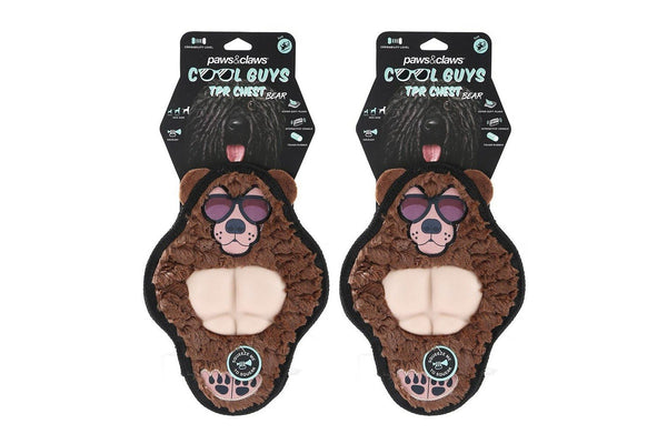 2x Paws & Claws 27cm Cool Guy Grizzly Bear TPR Chest Flat Plush Dog Squeaker Toy