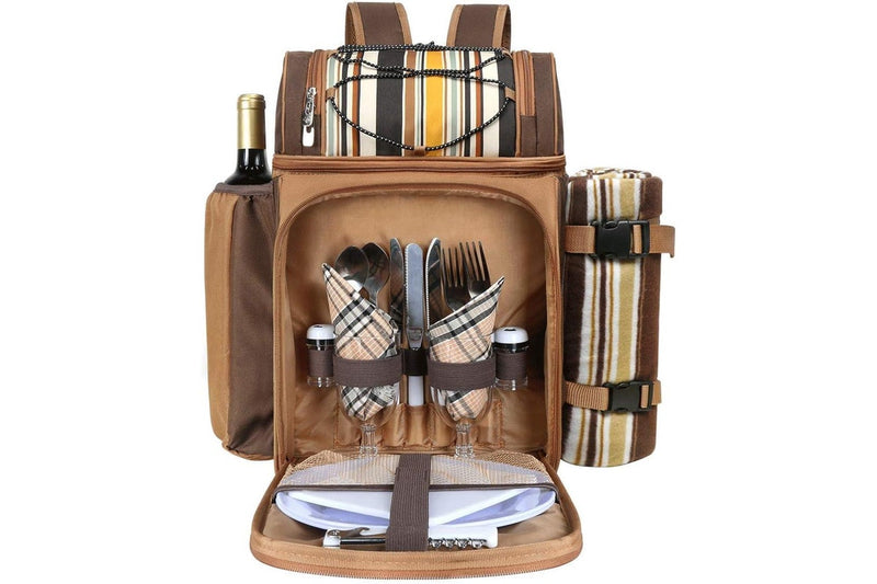 Picnic Backpack for 2 Person with Insulated Cooler Bag, Wine Holder, Fleece Blanket, Cutlery Set