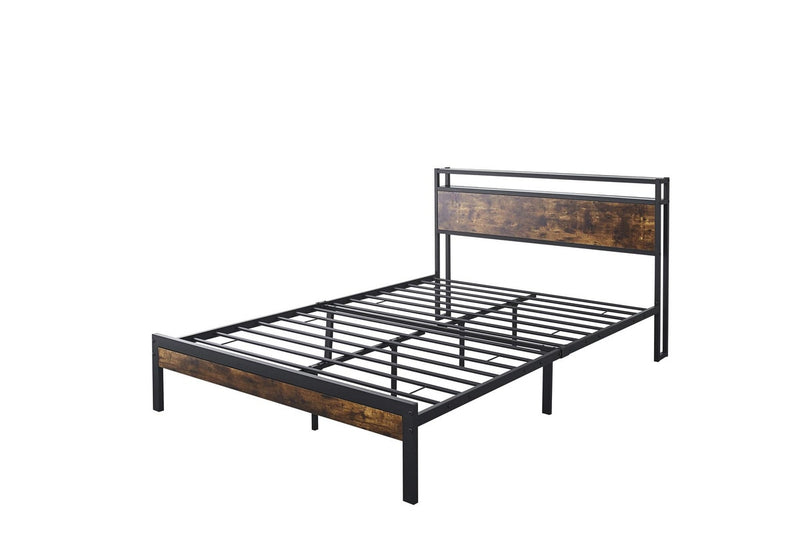 Fraser Country Queen Metal Bed Frame with Wooden Rustic Brown Headboard & Footboard - Black