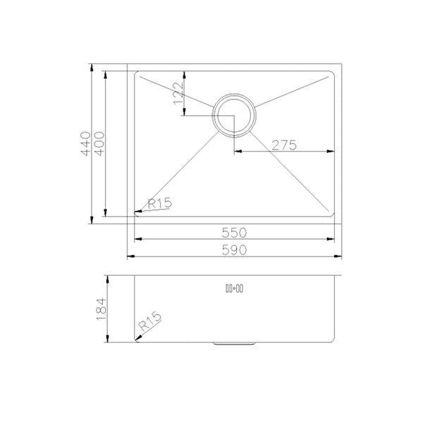 SINX 590 x 440mm Stainless Steel Handmade Single Sink Bowl