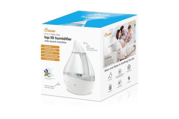 Crane: 4 in 1 Top Fill Drop Humidifier with Sound Machine - Clear