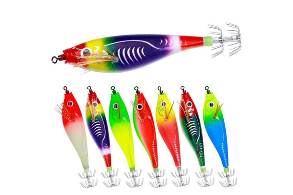 7 Colour Luminous Wooden Shrimp Squid Hook Bait Set 9.5cm 10g