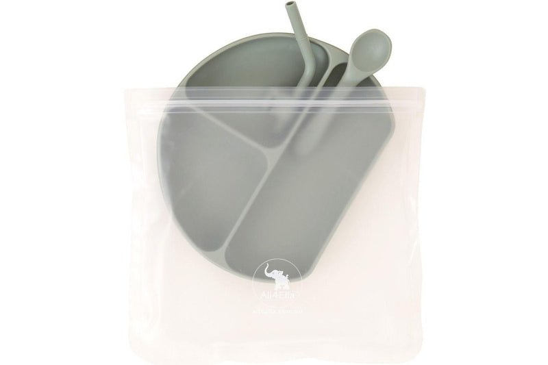 All4Ella: Silicone Plate with Straw & Spoon - Olive